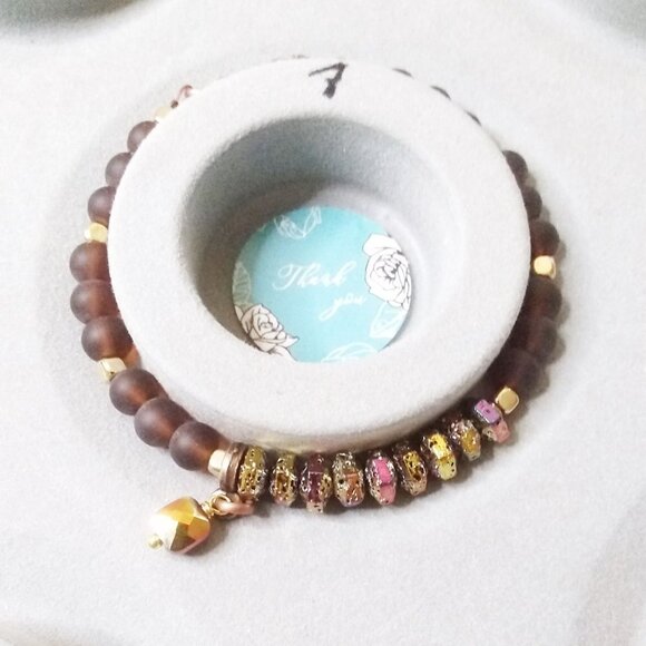 Brown & Gold Hues! Slim Bracelet! Recycled Glass + Electroplated Lava Beads - Picture 4 of 8